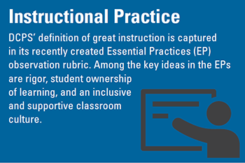Instructional Practice: DCPS' definition of great instruction is captured in its recently created Essential Practices (EP) observation rubric. Among the key ideas in the EPs are rigor, student ownership of learning, and an inclusive and supportive classroom culture.
