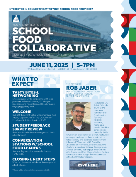 Interested in connecting with your school food provider?  You are invited to join us at the School Food Collaborative on June 11, 2025, 5 pm at Watkins Elementary School.