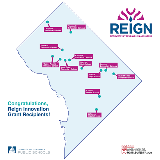 DC map with text: Congratulations Reign Innovation Grant Recipients!