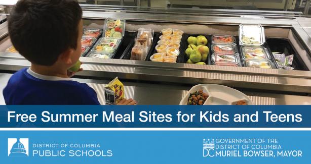 Photo of a child at a lunch counter with text: Free Summer Meal Sites for Kids and Teens