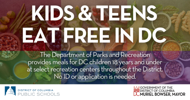 Text: KIDS TEENS EAT FREE IN DC